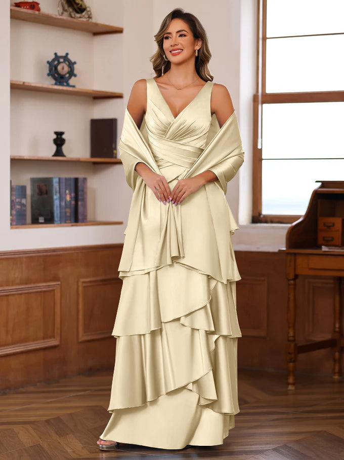 A-Line/Princess V-Neck Sleeveless Floor-Length Mother of the Bride Dresses With Ruffles & Wrap