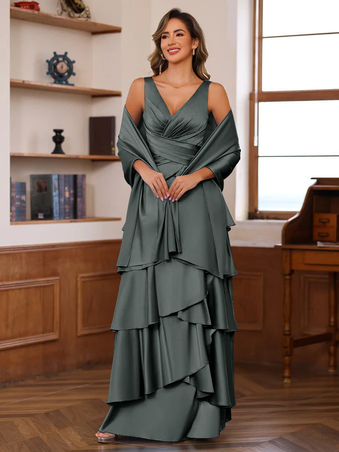 A-Line/Princess V-Neck Sleeveless Floor-Length Mother of the Bride Dresses With Ruffles & Wrap