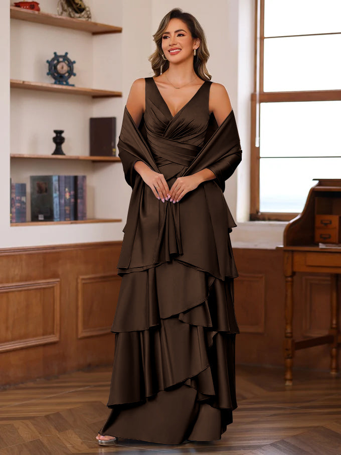 A-Line/Princess V-Neck Sleeveless Floor-Length Mother of the Bride Dresses With Ruffles & Wrap