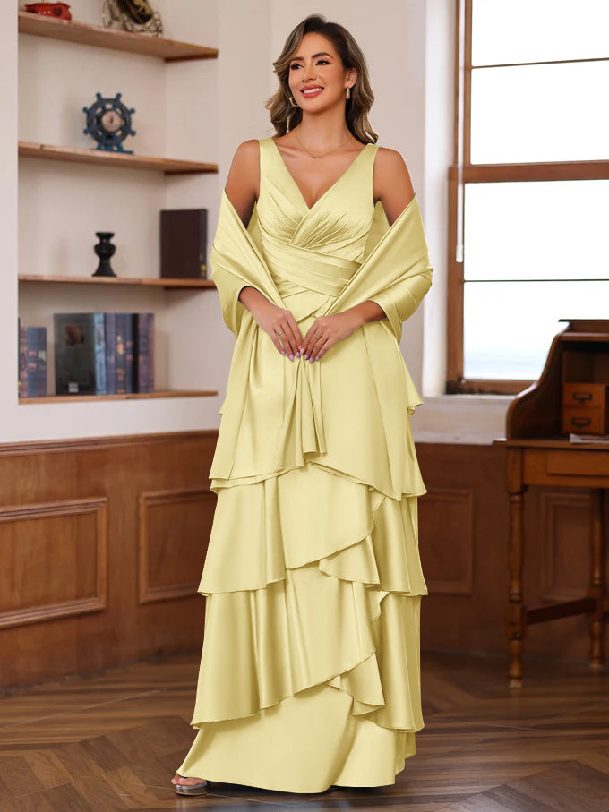 A-Line/Princess V-Neck Sleeveless Floor-Length Mother of the Bride Dresses With Ruffles & Wrap