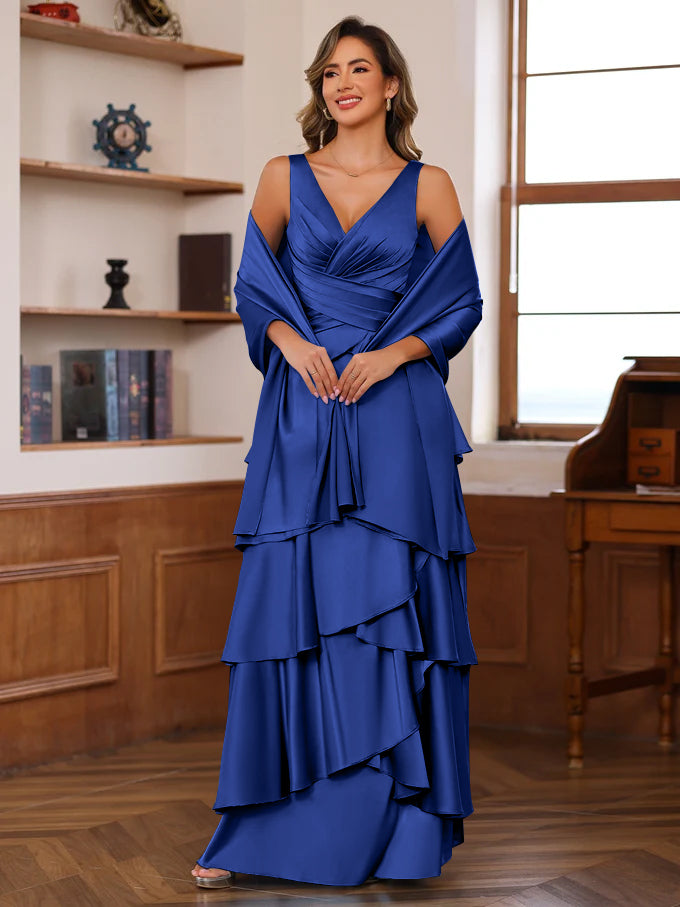 A-Line/Princess V-Neck Sleeveless Floor-Length Mother of the Bride Dresses With Ruffles & Wrap
