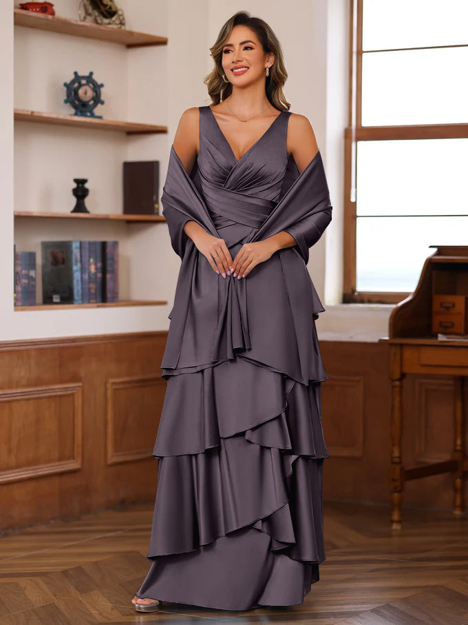 A-Line/Princess V-Neck Sleeveless Floor-Length Mother of the Bride Dresses With Ruffles & Wrap