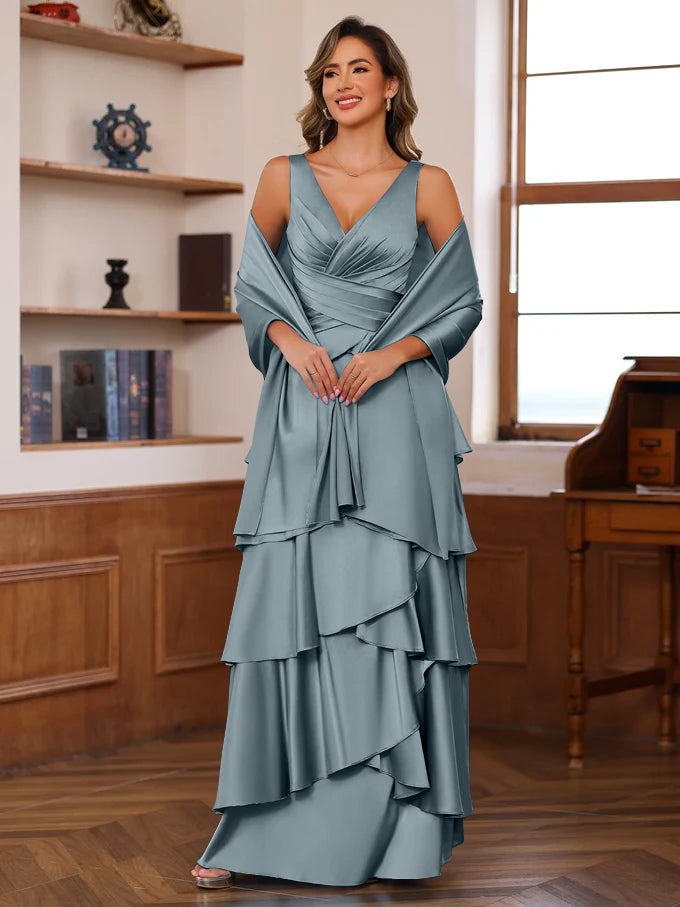 A-Line/Princess V-Neck Sleeveless Floor-Length Mother of the Bride Dresses With Ruffles & Wrap