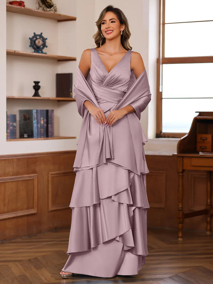 A-Line/Princess V-Neck Sleeveless Floor-Length Mother of the Bride Dresses With Ruffles & Wrap