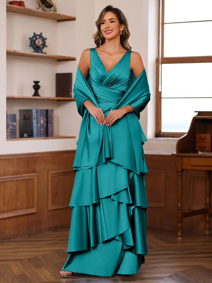A-Line/Princess V-Neck Sleeveless Floor-Length Mother of the Bride Dresses With Ruffles & Wrap