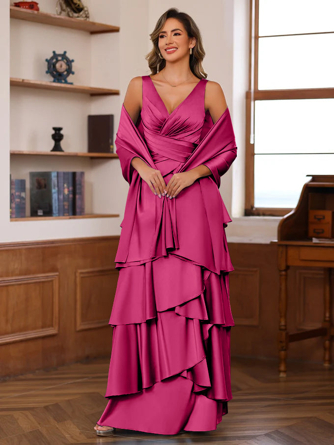 A-Line/Princess V-Neck Sleeveless Floor-Length Mother of the Bride Dresses With Ruffles & Wrap