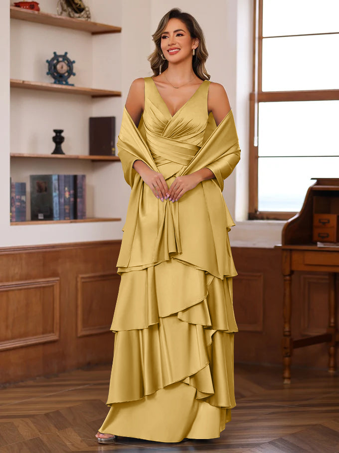 A-Line/Princess V-Neck Sleeveless Floor-Length Mother of the Bride Dresses With Ruffles & Wrap