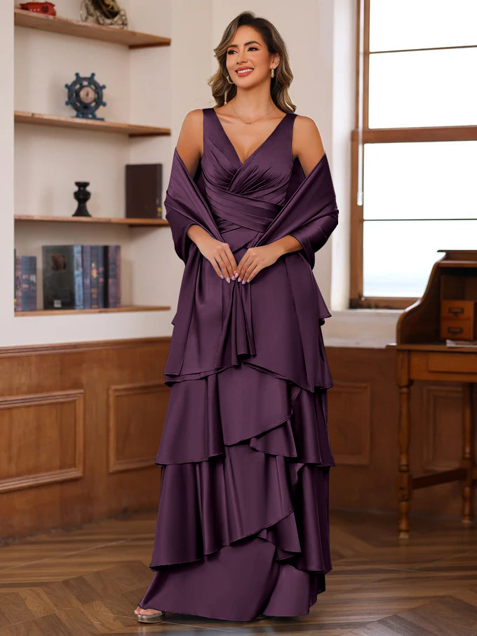 A-Line/Princess V-Neck Sleeveless Floor-Length Mother of the Bride Dresses With Ruffles & Wrap