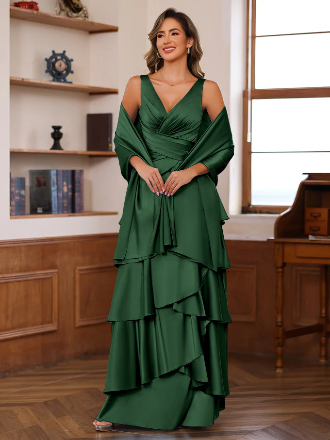 A-Line/Princess V-Neck Sleeveless Floor-Length Mother of the Bride Dresses With Ruffles & Wrap