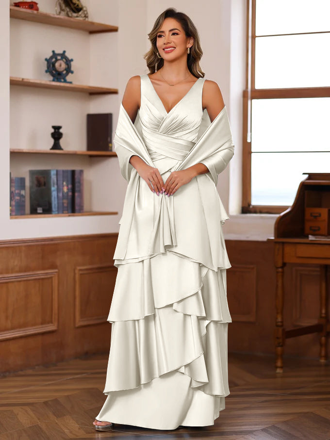 A-Line/Princess V-Neck Sleeveless Floor-Length Mother of the Bride Dresses With Ruffles & Wrap Ivory A-Line/Princess V-Neck Sleeveless Floor-Length Mother of the Bride Dresses With Ruffles & Wrap Ivory
