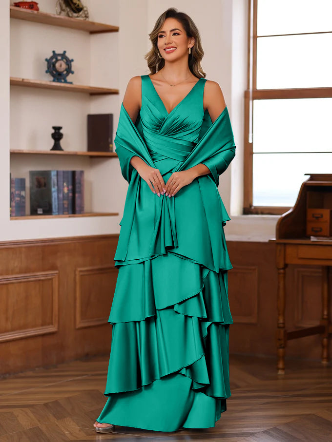 A-Line/Princess V-Neck Sleeveless Floor-Length Mother of the Bride Dresses With Ruffles & Wrap