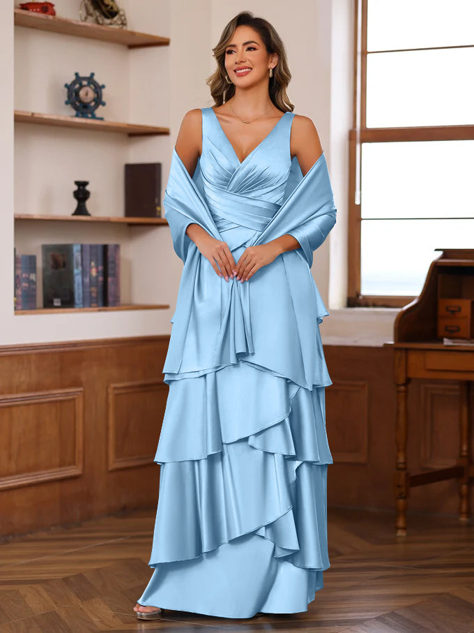A-Line/Princess V-Neck Sleeveless Floor-Length Mother of the Bride Dresses With Ruffles & Wrap