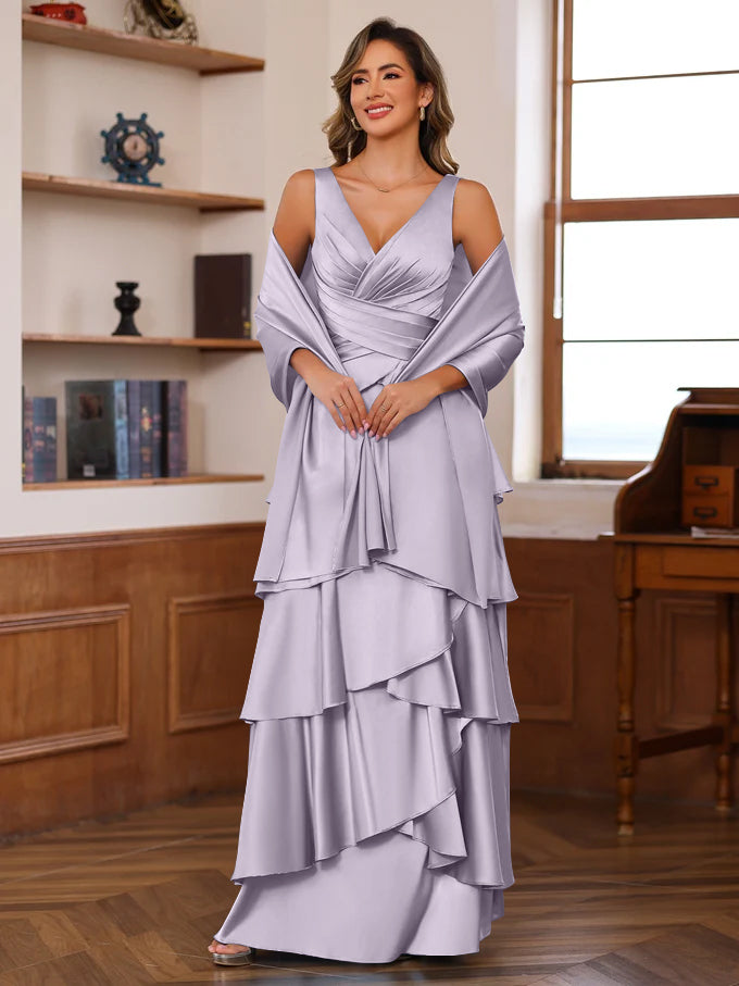 A-Line/Princess V-Neck Sleeveless Floor-Length Mother of the Bride Dresses With Ruffles & Wrap