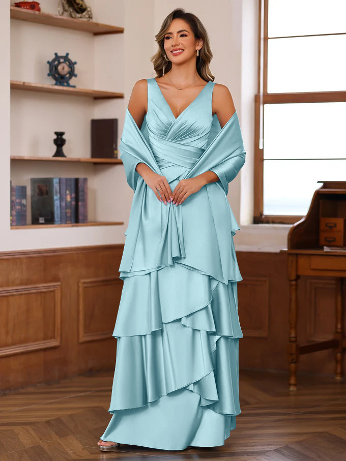 A-Line/Princess V-Neck Sleeveless Floor-Length Mother of the Bride Dresses With Ruffles & Wrap