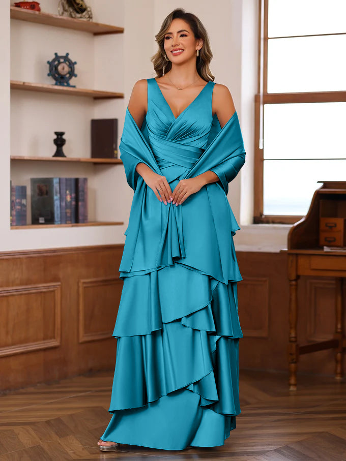 A-Line/Princess V-Neck Sleeveless Floor-Length Mother of the Bride Dresses With Ruffles & Wrap