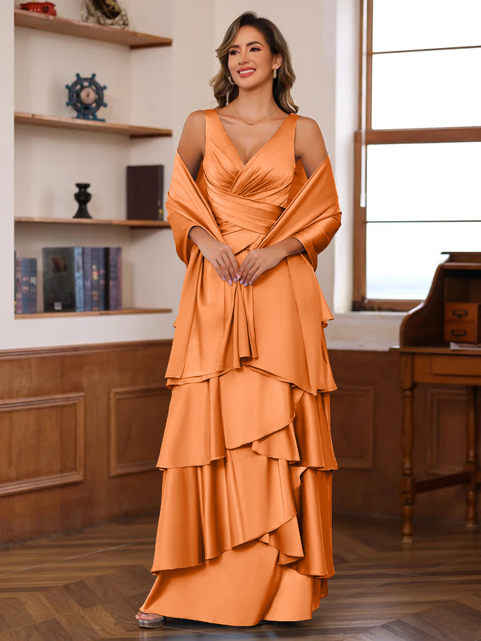 A-Line/Princess V-Neck Sleeveless Floor-Length Mother of the Bride Dresses With Ruffles & Wrap Orange
