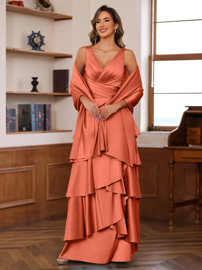 A-Line/Princess V-Neck Sleeveless Floor-Length Mother of the Bride Dresses With Ruffles & Wrap
