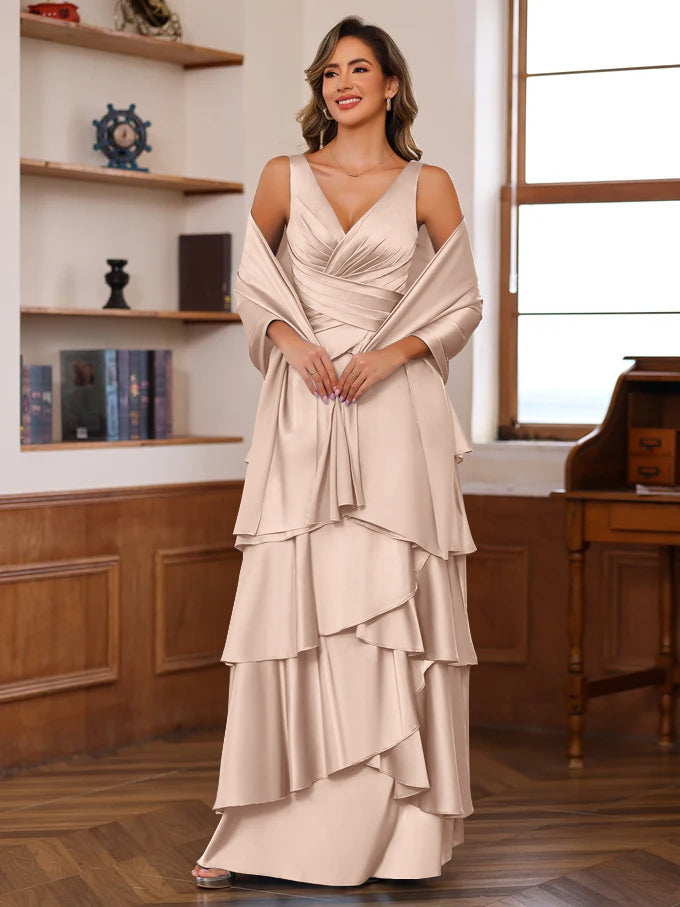 2026 Mother of The Bride Dresses Women's A-Line V-Neck Sleeveless Floor-Length Wedding Guest Formal Evening Party Gowns with Ruffles & Wrap, As Pic 2026 Mother of The Bride Dresses Women's A-Line V-Neck Sleeveless Floor-Length Wedding Guest Formal Evening Party Gowns with Ruffles & Wrap, As Pic
