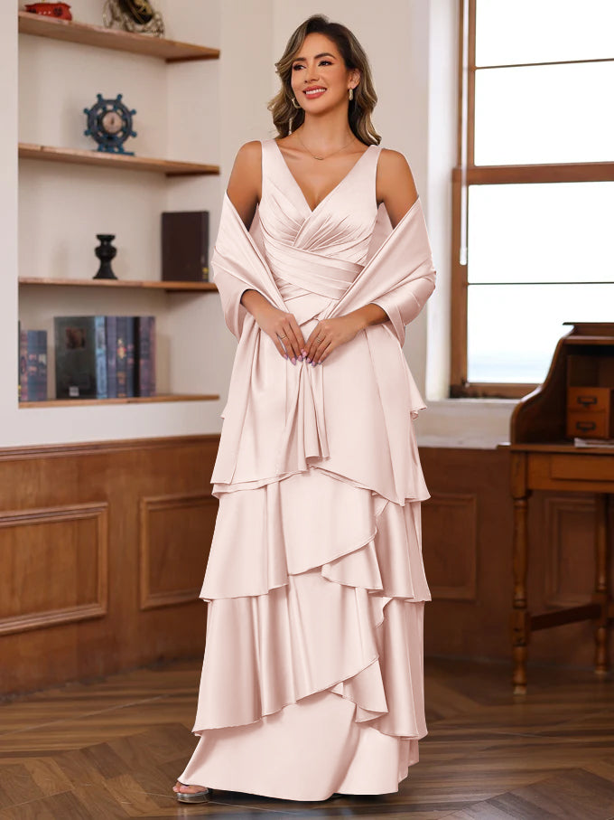 A-Line/Princess V-Neck Sleeveless Floor-Length Mother of the Bride Dresses With Ruffles & Wrap