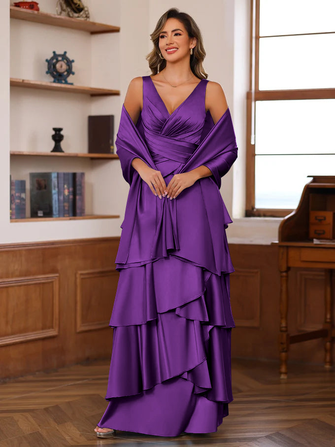 A-Line/Princess V-Neck Sleeveless Floor-Length Mother of the Bride Dresses With Ruffles & Wrap