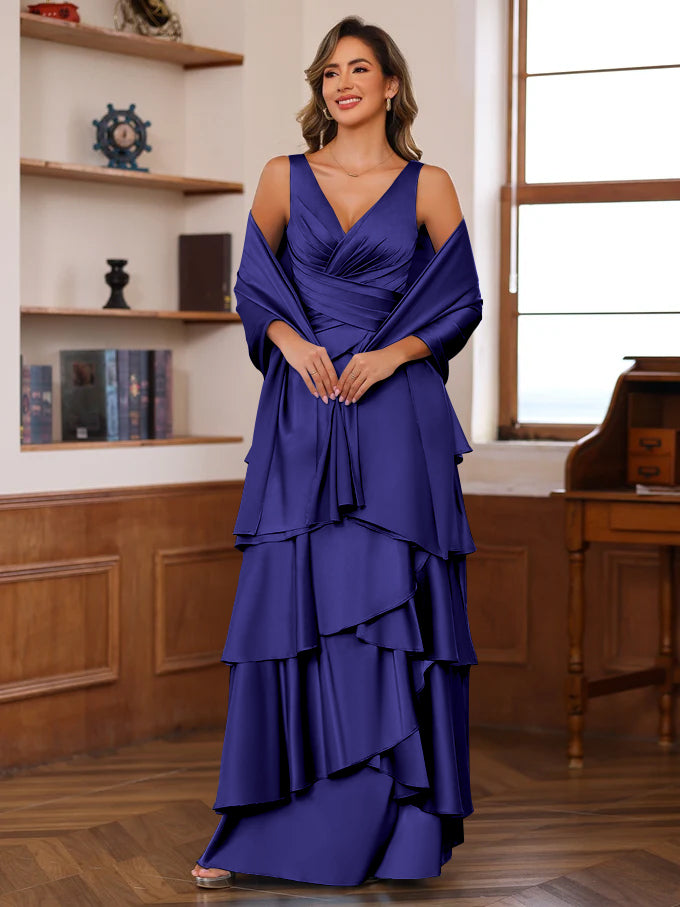 A-Line/Princess V-Neck Sleeveless Floor-Length Mother of the Bride Dresses With Ruffles & Wrap