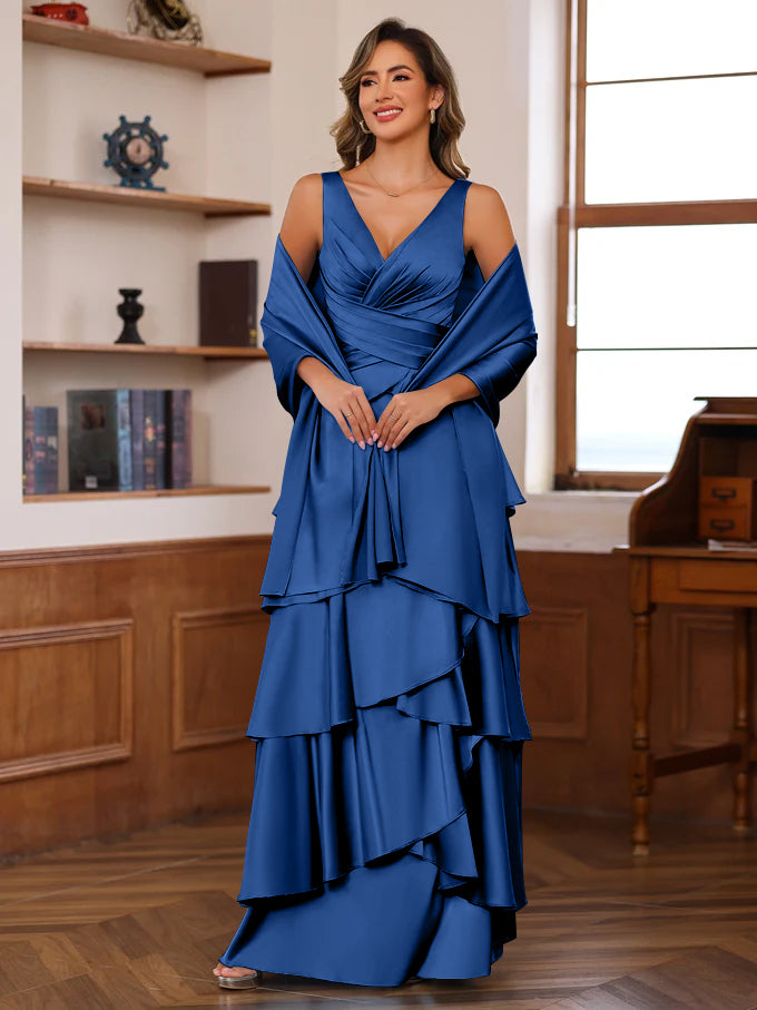 A-Line/Princess V-Neck Sleeveless Floor-Length Mother of the Bride Dresses With Ruffles & Wrap