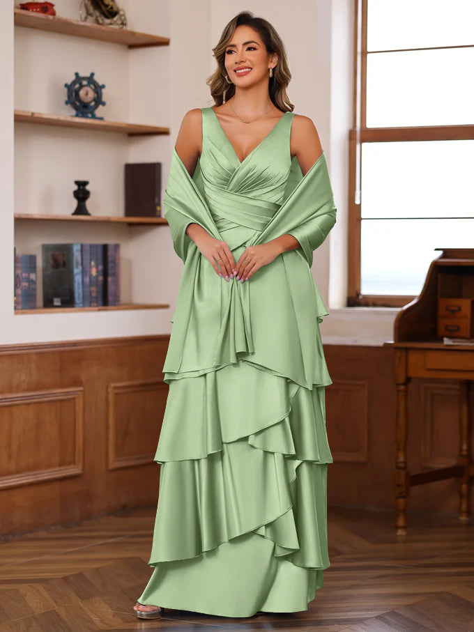 A-Line/Princess V-Neck Sleeveless Floor-Length Mother of the Bride Dresses With Ruffles & Wrap