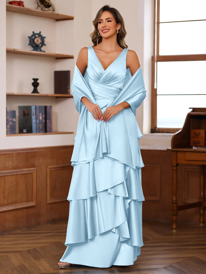 A-Line/Princess V-Neck Sleeveless Floor-Length Mother of the Bride Dresses With Ruffles & Wrap Sky Blue