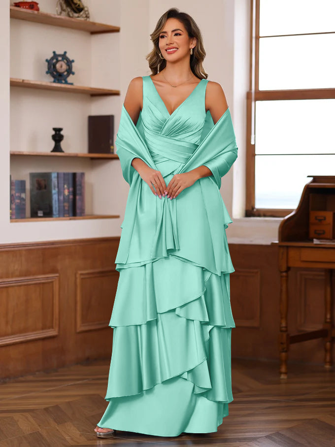 A-Line/Princess V-Neck Sleeveless Floor-Length Mother of the Bride Dresses With Ruffles & Wrap