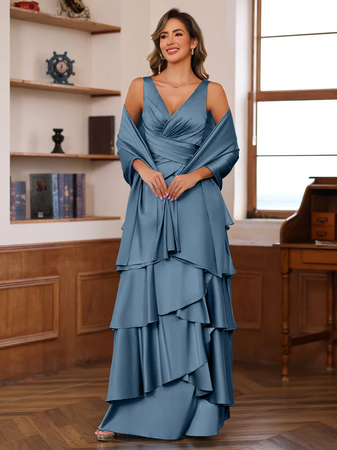 A-Line/Princess V-Neck Sleeveless Floor-Length Mother of the Bride Dresses With Ruffles & Wrap