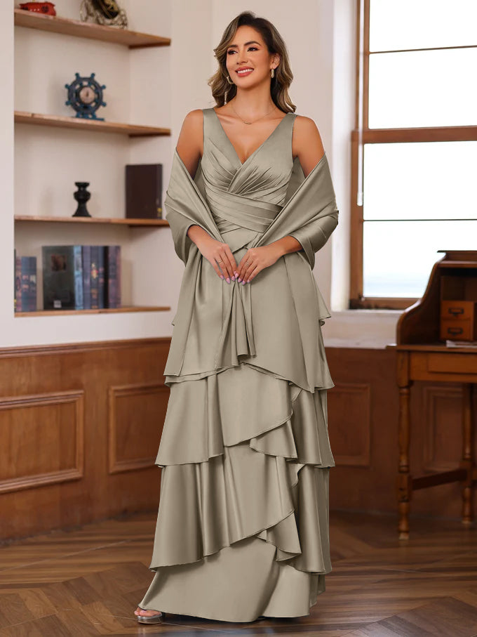 A-Line/Princess V-Neck Sleeveless Floor-Length Mother of the Bride Dresses With Ruffles & Wrap Taupe A-Line/Princess V-Neck Sleeveless Floor-Length Mother of the Bride Dresses With Ruffles & Wrap Taupe