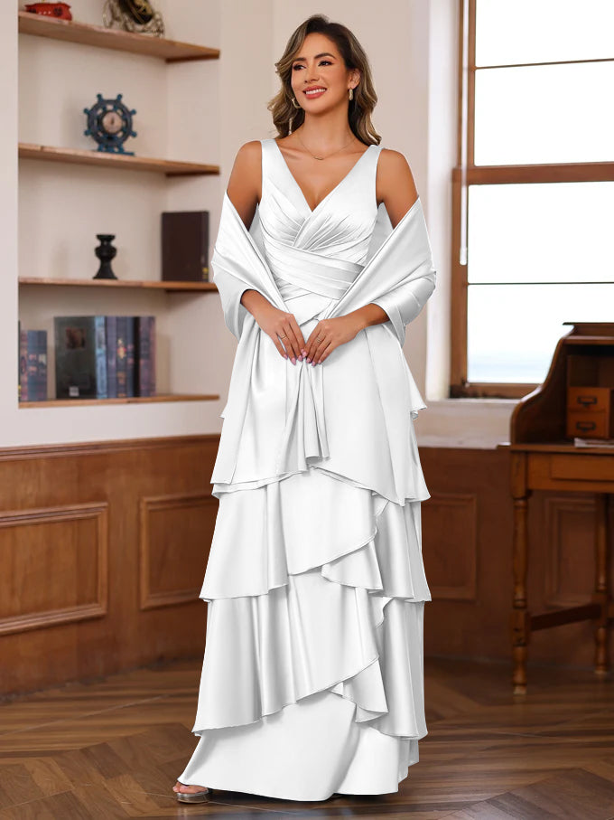 A-Line/Princess V-Neck Sleeveless Floor-Length Mother of the Bride Dresses With Ruffles & Wrap White
