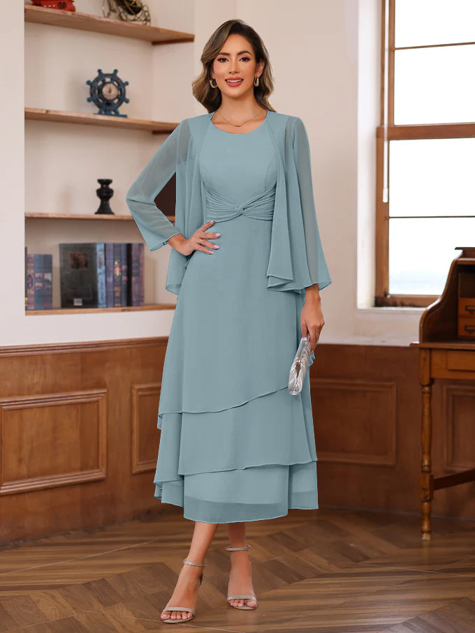 A-Line/Princess Scoop Neck 2 Pcs Tea-Length Mother of the Bride Dresses with Ruffles & jacket Pool A-Line/Princess Scoop Neck 2 Pcs Tea-Length Mother of the Bride Dresses with Ruffles & jacket Pool
