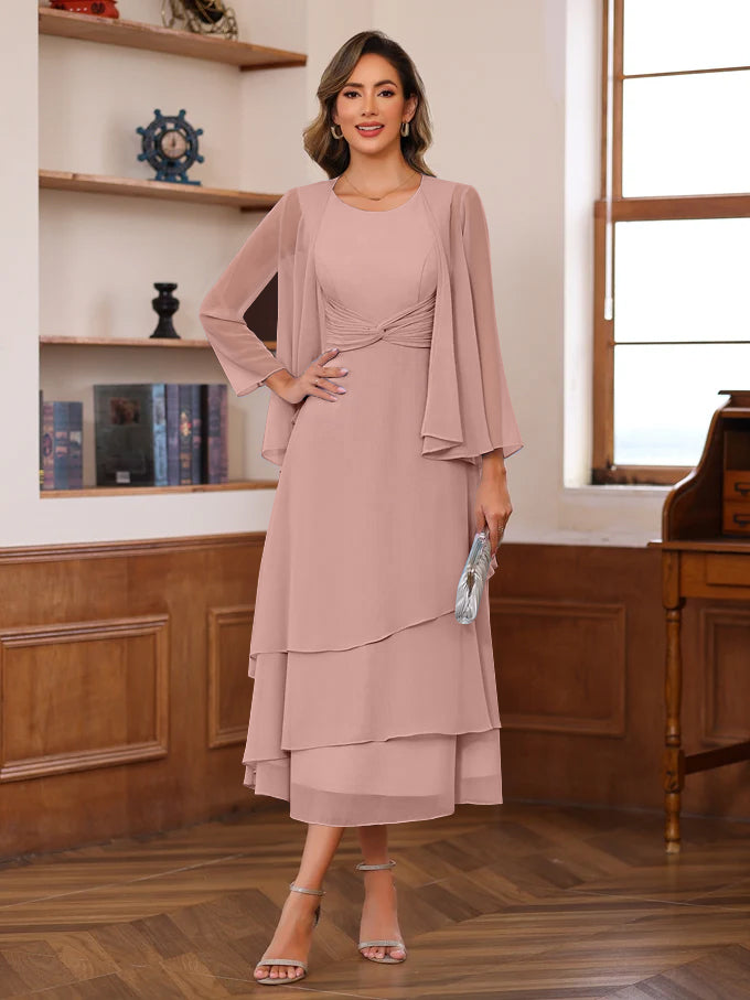 A-Line/Princess Scoop Neck 2 Pcs Tea-Length Mother of the Bride Dresses with Ruffles & jacket Dusty Rose A-Line/Princess Scoop Neck 2 Pcs Tea-Length Mother of the Bride Dresses with Ruffles & jacket Dusty Rose