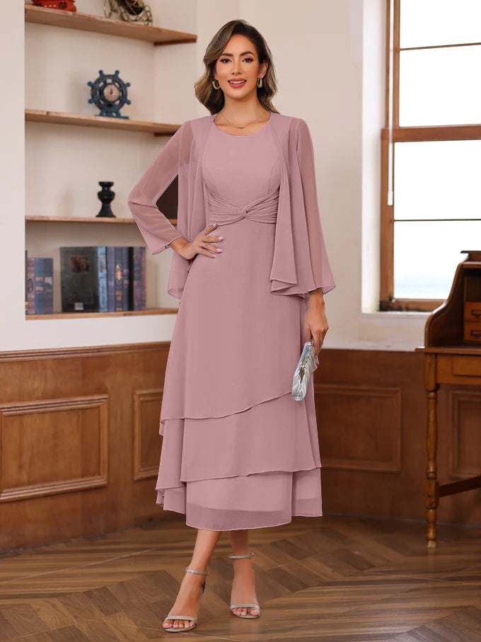 A-Line/Princess Scoop Neck 2 Pcs Tea-Length Mother of the Bride Dresses with Ruffles & jacket