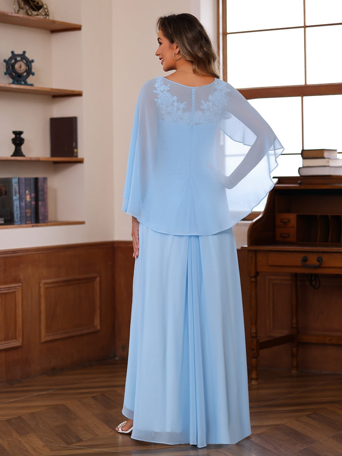 A-Line/Princess V-Neck 2 Pics Floor-Length Mother of the Bride Dresses with Appliques, Ruffles & Wrap