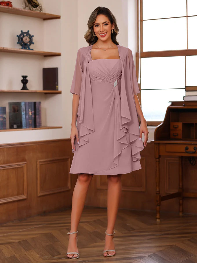 A-Line/Princess Square Neck Knee-Length Mother of the Bride Dresses With Ruffles & Jacket