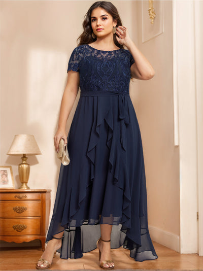 A-Line/Princess Scoop Neck Short Sleeves Asymmetrical Unique Plus Size Mother of the Bride Dresses with Bow, Ruffles & Sequins main image 1