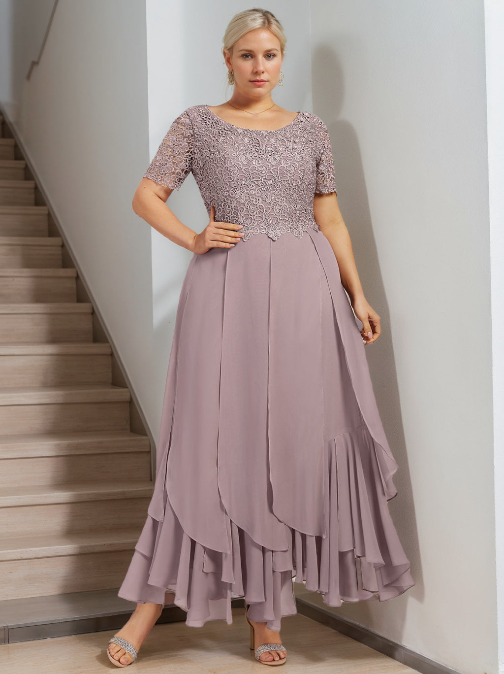 A-Line/Princess Round Neck Short Sleeves Ankle-Length Plus Size Mother of the Bride Dress with Cascading Ruffles