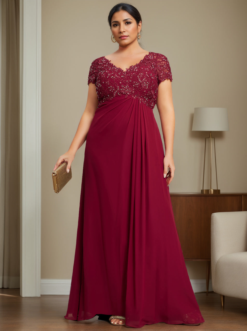 A-Line/Princess V-Neck Short Sleeves Floor-Length Plus Size Unique Mother Of The Bride Dresses with Rhinestone, Pleated