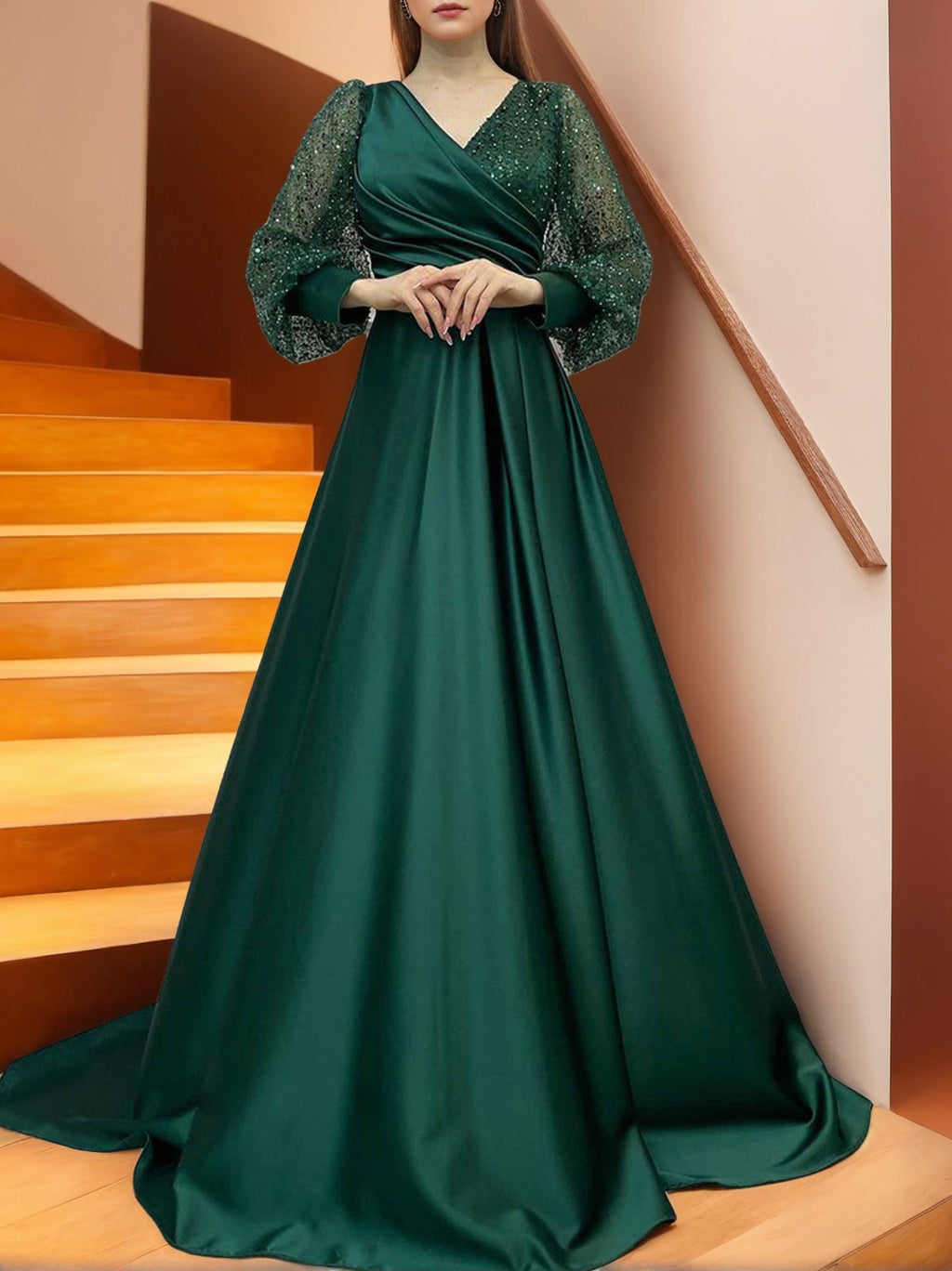 A Line/Princess V-Neck Long Sleeves Floor Length Long Mother of the Bride Dresses With Sequins & Ruffles