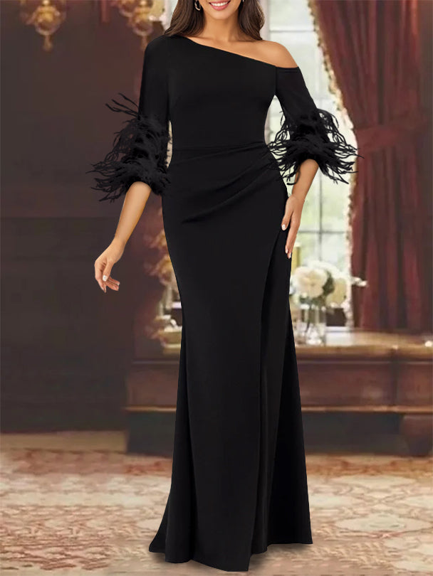 Trumpet/Mermaid Mother Of The Bride Feather Dresses with One Shoulder Long Sleeves Chiffon Orange Trumpet/Mermaid Mother Of The Bride Feather Dresses with One Shoulder Long Sleeves Chiffon Orange
