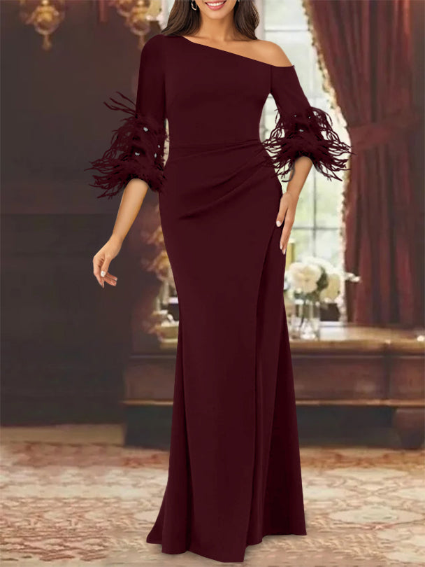 Black Mother Of The Bride Dresses 2026 Women's Sheath One Shoulder Floor Length Wedding Guest Formal Evening Gowns with Feathers, Black
