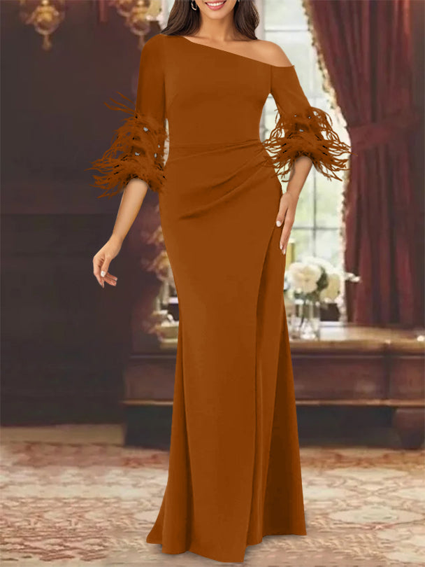 Trumpet/Mermaid Mother Of The Bride Feather Dresses with One Shoulder Long Sleeves Chiffon Burnt Orange Trumpet/Mermaid Mother Of The Bride Feather Dresses with One Shoulder Long Sleeves Chiffon Burnt Orange