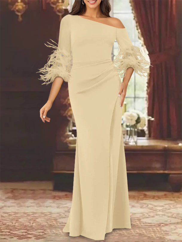 Trumpet/Mermaid Mother Of The Bride Feather Dresses with One Shoulder Long Sleeves Chiffon