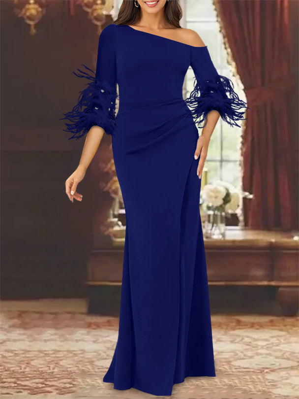 Black Mother of The Bride Dresses 2026 Women's Sheath One Shoulder Floor Length Wedding Guest Formal Evening Gowns with Feathers, Black Black Mother of The Bride Dresses 2026 Women's Sheath One Shoulder Floor Length Wedding Guest Formal Evening Gowns with Feathers, Black