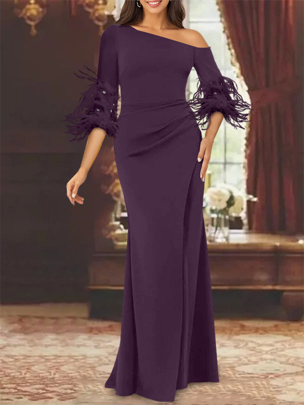 Black Mother of The Bride Dresses 2026 Women's Sheath One Shoulder Floor Length Wedding Guest Formal Evening Gowns with Feathers, Black Black Mother of The Bride Dresses 2026 Women's Sheath One Shoulder Floor Length Wedding Guest Formal Evening Gowns with Feathers, Black