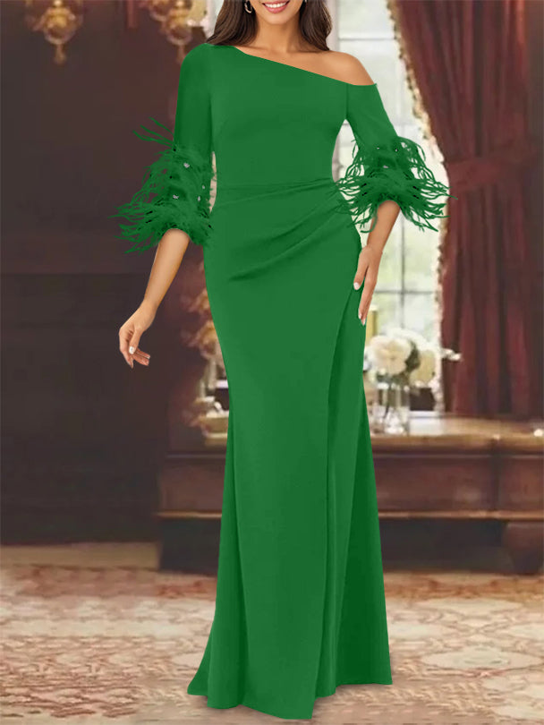 Trumpet/Mermaid Mother Of The Bride Feather Dresses with One Shoulder Long Sleeves Chiffon Green Trumpet/Mermaid Mother Of The Bride Feather Dresses with One Shoulder Long Sleeves Chiffon Green