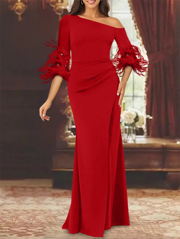 Trumpet/Mermaid Mother Of The Bride Feather Dresses with One Shoulder Long Sleeves Chiffon Red Trumpet/Mermaid Mother Of The Bride Feather Dresses with One Shoulder Long Sleeves Chiffon Red