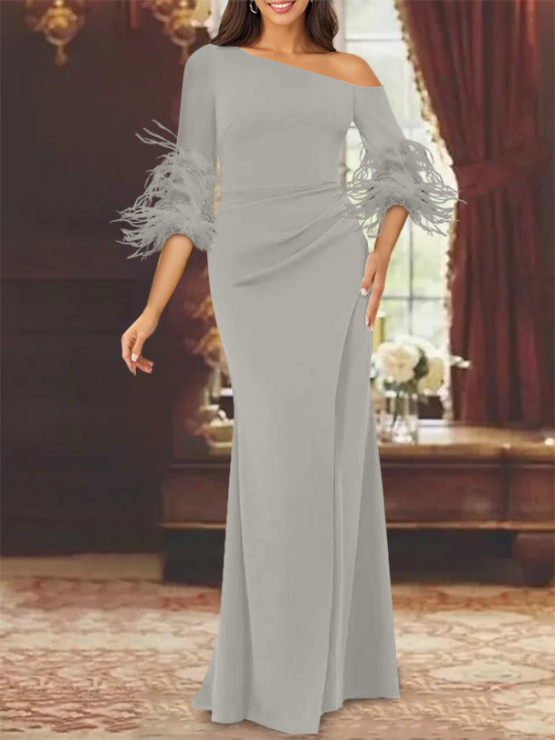 Trumpet/Mermaid Mother Of The Bride Feather Dresses with One Shoulder Long Sleeves Chiffon